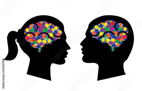 Man and woman head icons with abstract brains vector illustration