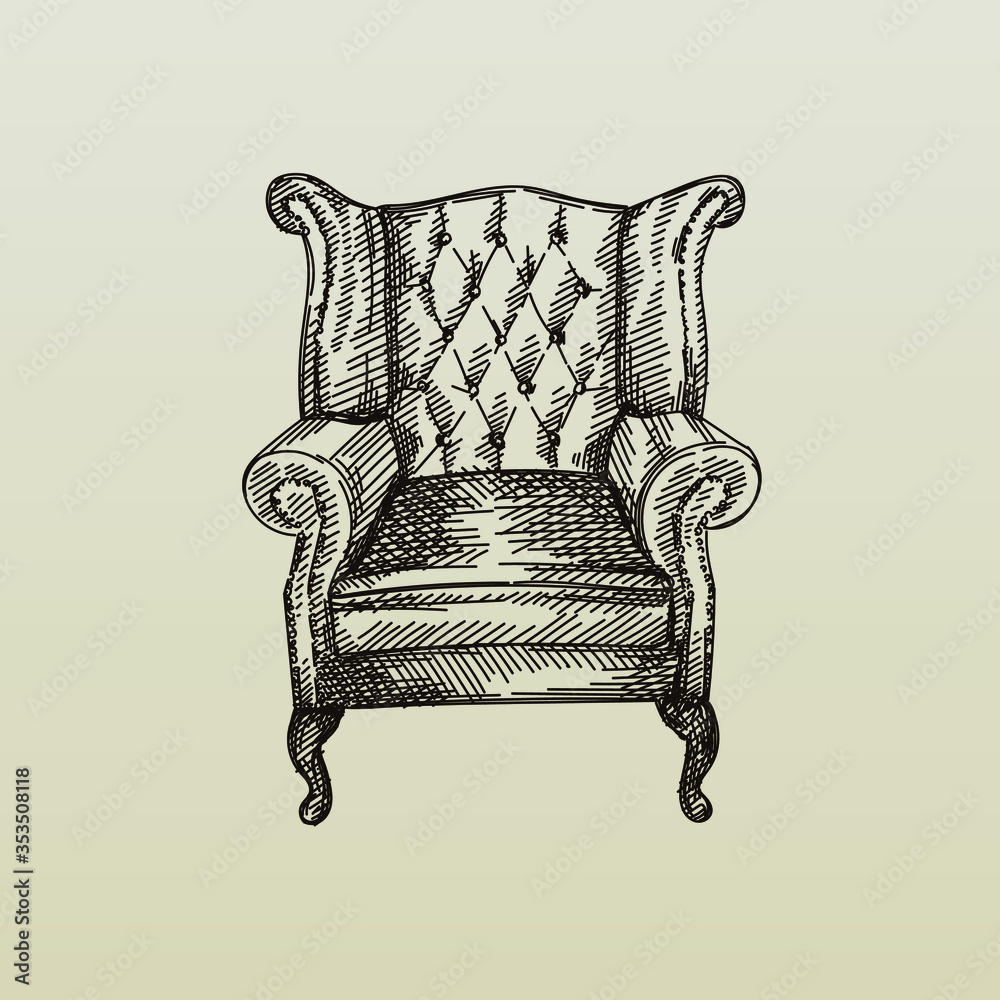 Hand-drawn sketch of Chesterfield leather armchair with quilted and ...