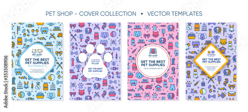 Set of colorful banner template for pet shop, veterinary clinic, pet store, zoo, shelter. Card, flyer, banner, poster for advertisement with outline pattern. Flat style design, vector illustration.