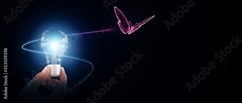 Abstract illustration 3D background hand holding light bulb with butterfly flying freedom concept of think inspiration creative idea motivation for future technology business transform innovation 