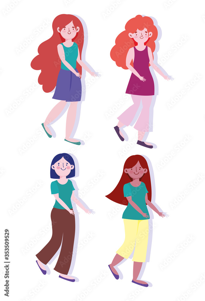 group young women cartoon character female design
