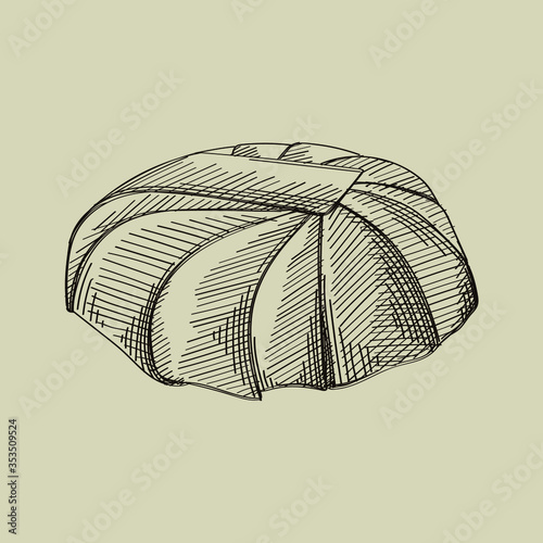 Hand-drawn vintage sketch of Azerbaijani national meal known as khan or shah pilaf. The dish made of rice which is then placed inside a bowl lined with lavash and dried fruits on top of the rice.	
