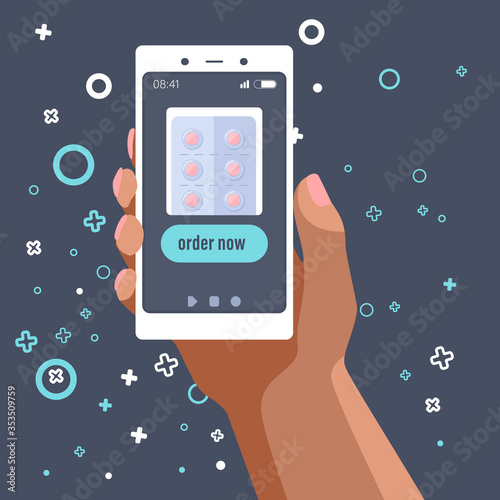 Mobile phone app on grey backdrop. Antibiotics online order for social banner, health care promo, web element, medical poster. Online chemist shop or info card. Flat style stock vector illustration