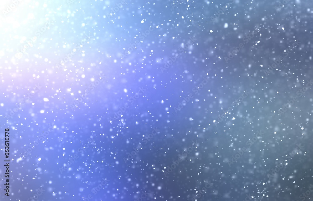 Shiny blue iridescent background decorated snow. Soft blurred pattern. Magical winter template for holiday design. 