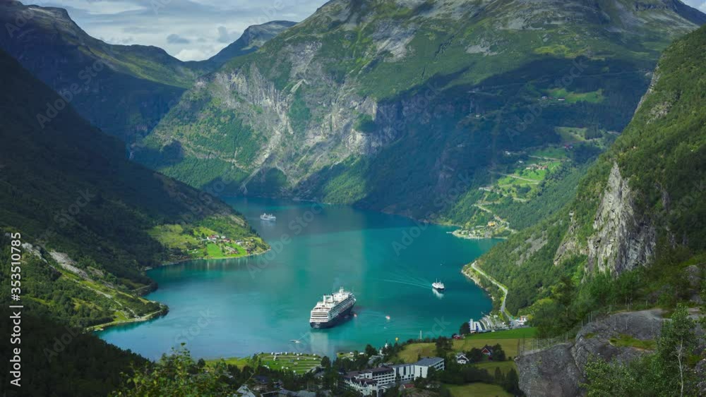 Timelapse of Geiranger fjord in Norway. Beautiful natural landscape.