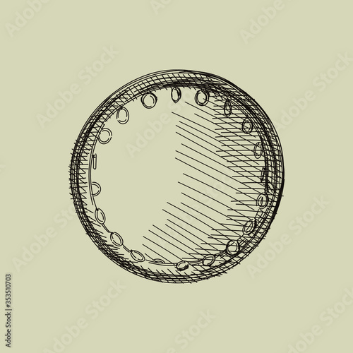 Hand-drawn sketch of National Azerbaijan Musical Instrument called tambourine - wood or plastic, with pairs of small metal jingles, called "zills"	
