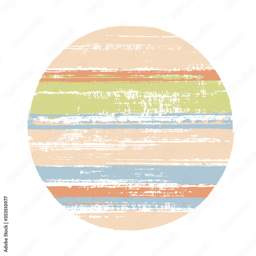 Abstract circle vector geometric shape with stripes texture of paint horizontal lines. Old paint texture disk. Stamp round shape circle logo element with grunge stripes background.