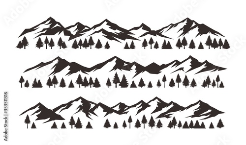 Mountains silhouettes on isolated background. set of hand drawn landscape mountain with silhouette pine trees. - Vector photo