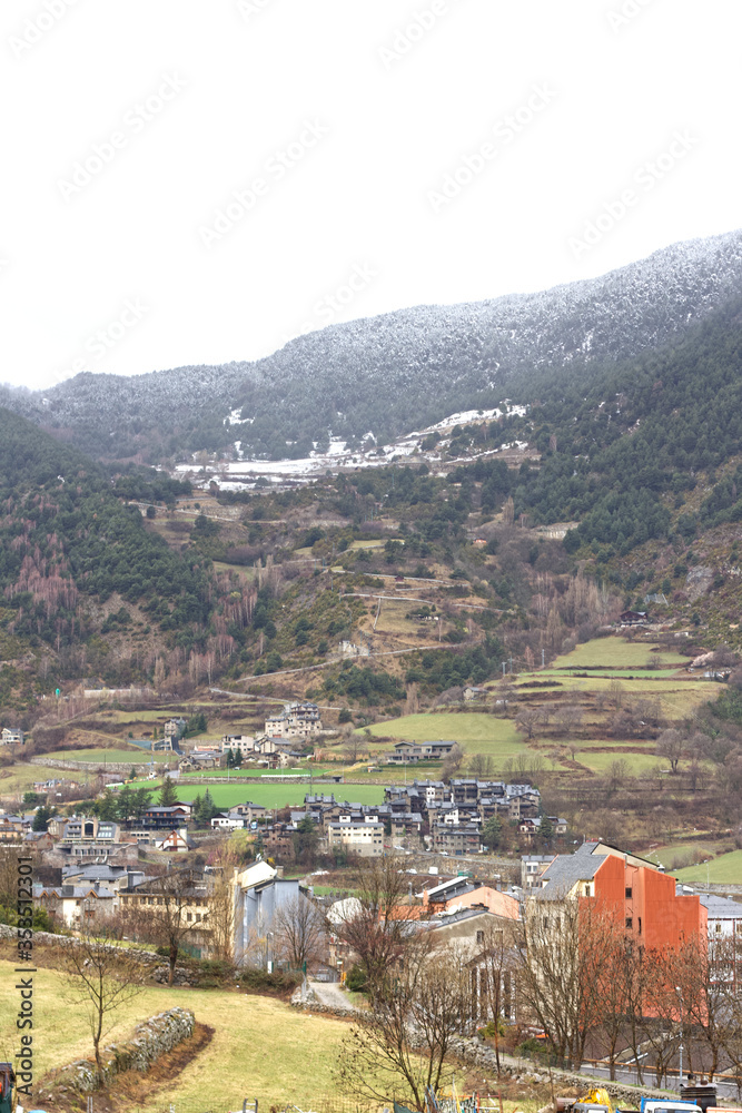 View of the little town of Encamp while snowing