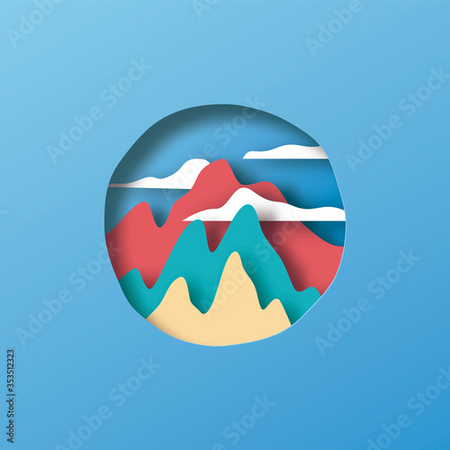Paper cut mountain hill landscape circle