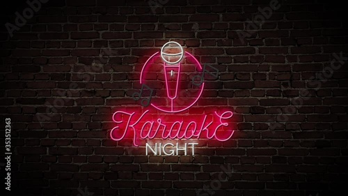 3D Rendering Karaoke Night Neon Sign with a Brick Wall Background