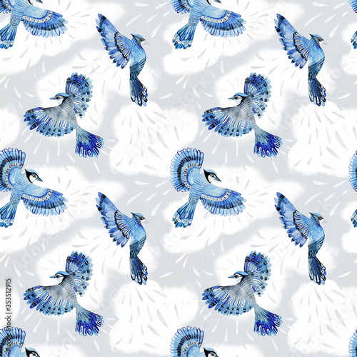 Seamless pattern with blue jay bird in the clouds.  Watercolor illustration. Repeated pattern background with birds. Great for textile fabric, greeting cards, invitations. photo