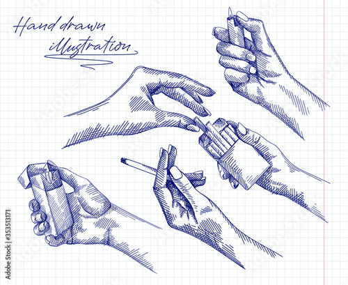 Hand-drawn set of sketches of a woman hand holding a cigarette and burning a cigarette, female hands getting a cigarette out of the cigarette pack, female hand lighting a lighter.	
