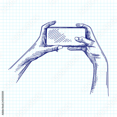 Hand-drawn sketch of female hands on a white background holding a smartphone and taking a selfie or simply making a picture.