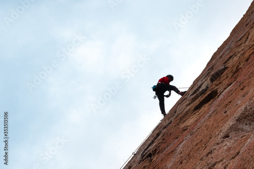 Rock climber ascending a wall at Smith Rock Oregon