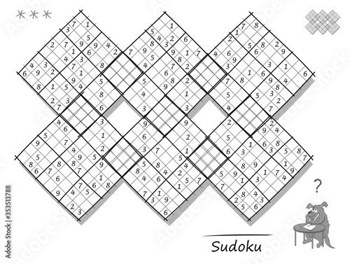 Logic Sudoku diagonal game for children and adults. Big puzzle with 6 squares, difficult level. Printable page for kids brain teaser book. Black and white vector. Play online.