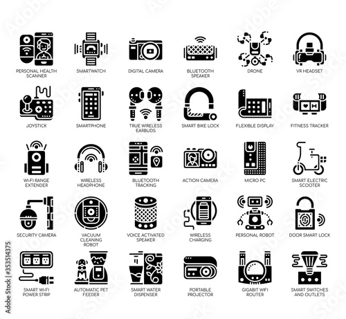 Set of gadget thin line and pixel perfect icons for any web and app project.