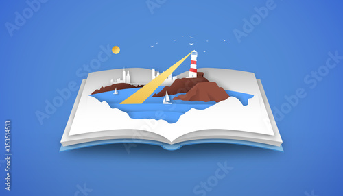 Open book of 3d papercut beach sea coast