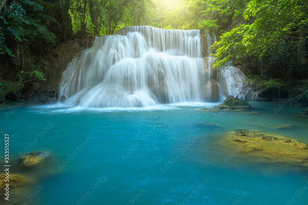 Beautiful deep forest waterfall at Kanchanaburi province, Thailand.