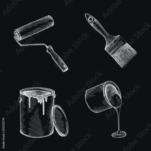 Hand-drawn sketch set of tools for painting walls. Set includes a wall paint roller, paint can with paint flowing out of the can, wall brush. 