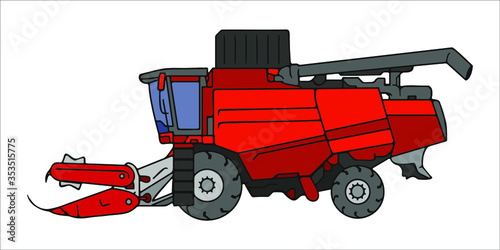 Combine harvester vector illustration. Side view, cartoon style.