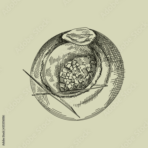 Hand drawn sketch of azeri tandir bread pita or pide bread dough. Tandir hanging and baking in the clay oven. Top view of the clay oven with tandir bread inside. Coal and fireplace poker	