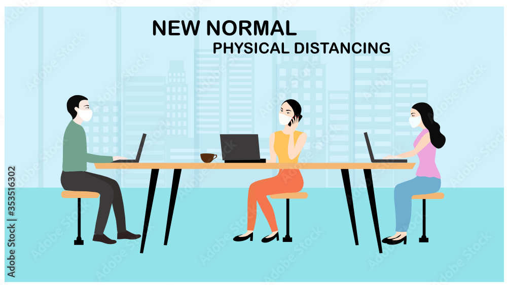 New normal in physical distancing people working keep distance and wearing face mask prevention from disease outbreak vector illustration. New normal after COVID-19 pandemic concept New normal in physical distancing people working keep distance and wearing face mask prevention from disease outbreak vector illustration. New normal after COVID-19 pandemic concept