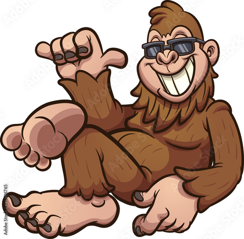 Cool cartoon bigfoot resting and wearing sunglasses. Vector cartoon clip art illustration with simple gradients. All on a single layer.
 photo