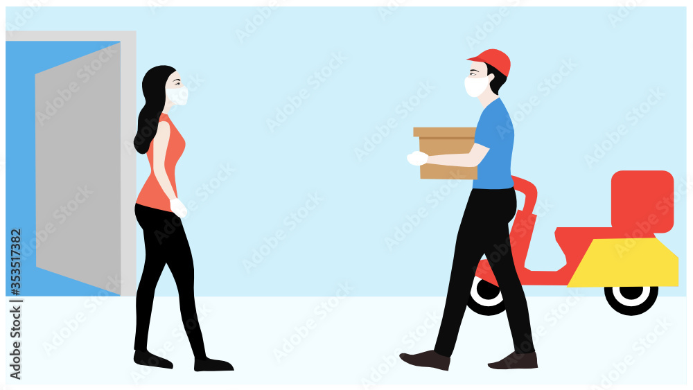 Safety home delivery service, delivery staff wearing face mask and keep physical distancing from customer  vector illustration. Delivery service concept background