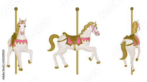 White isolated carousel horse. Side, front and back view