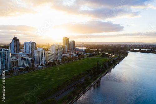 Golden sunrise over the Perth city center. A beautiful light catching the buildings as people start their day.  © Sky Perth