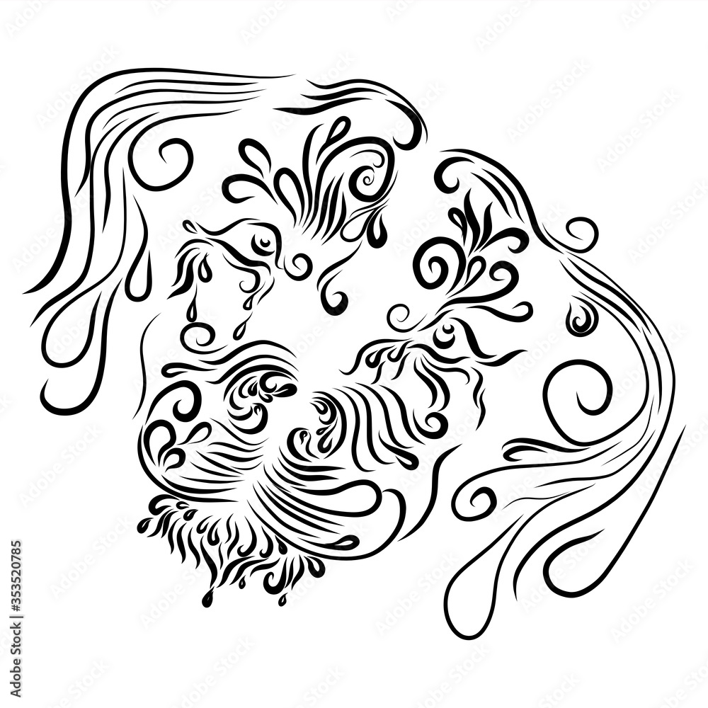 abstract tattoo fluffy head portrait of a dog muzzle of elegant lines in black on a white background