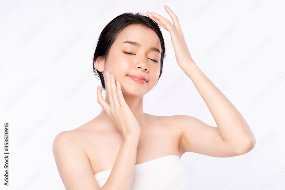 Beautiful Young Asian Woman touching her clean face with fresh Healthy Skin, isolated on white background, Beauty Cosmetics and Facial treatment Concept Beautiful Young Asian Woman touching her clean face with fresh Healthy Skin, isolated on white background, Beauty Cosmetics and Facial treatment Concept