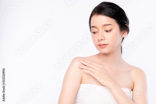 Beautiful Young Asian Woman touching her body with fresh Healthy Skin, isolated on white background, Beauty Cosmetics and Facial treatment Concept.