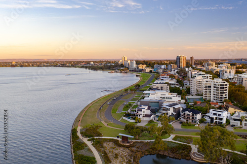 Aerial drone shot of the South Perth foreshore at sunset. 
