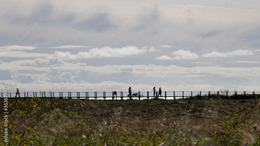 Silhouette of people walking on wooden walkway by the sea with dramatic sky in background