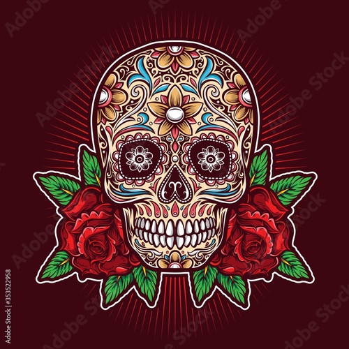 sugar skull with roses  vector logo