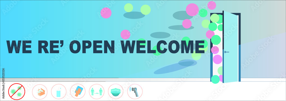 Welcome now open keep social distance and use face mask. Vector.Welcome ...