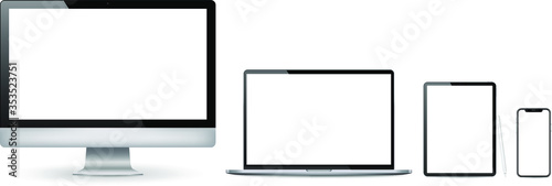 Realistic set of 2020 new design thin frame Computer monitor, laptop, tablet, smartphone - Eps 10 Vector template mock up.