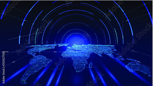 Digital world map perspective space tunnel, internet technology.