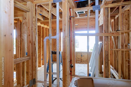 Cuadro en lienzo Under construction new bathtub home PVC waste water system rough plumbing bathro