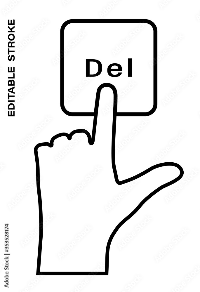 Icon editable stroke, human hand presses the keyboard button Delete with the index finger. Getting help, additional information. Isolated vector on white background Icon editable stroke, human hand presses the keyboard button Delete with the index finger. Getting help, additional information. Isolated vector on white background