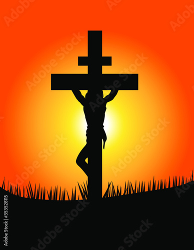 Crucifixion of Jesus silhouette in sunrise background. Jesus on cross silhouette vector. Jesus hung on cross silhouette.