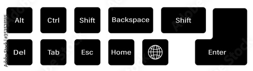 set of additional keyboard keys on a white background. Alt, Ctrl, Enter, Backspace, Esc, globe, Shift. Isolated vector