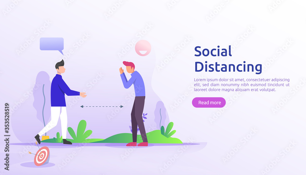 Fototapeta premium Social distancing prevention concept. protect from COVID-19 coronavirus outbreak spreading. keep 1-2 meter distance space between people. landing page template, banner, social, poster, or print media