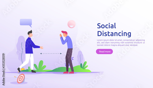 Social distancing prevention concept. protect from COVID-19 coronavirus outbreak spreading. keep 1-2 meter distance space between people. landing page template, banner, social, poster, or print media