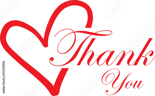 Thank You with red heart handwritten inscription. Hand drawn lettering. Thank You calligraphy. Thank you card. Vector illustration.