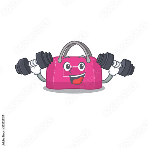 Woman sport bag mascot design feels happy lift up barbells during exercise
