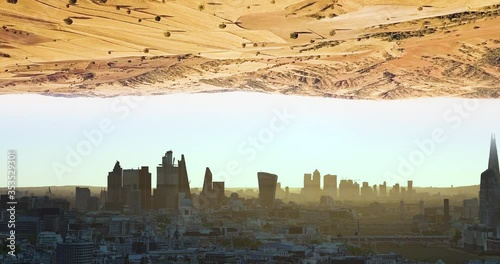 4k drone footage of two contrast ideas of nature and urban city life.
