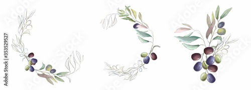Olive bouquet leaves and fruit. frame. wedding invitation card.